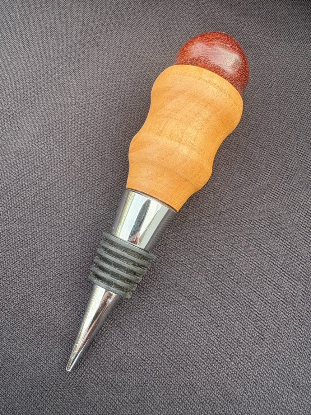 Two-Tone Turned Wood & Metal Wine Bottle Stopper Rustic Barware Gift